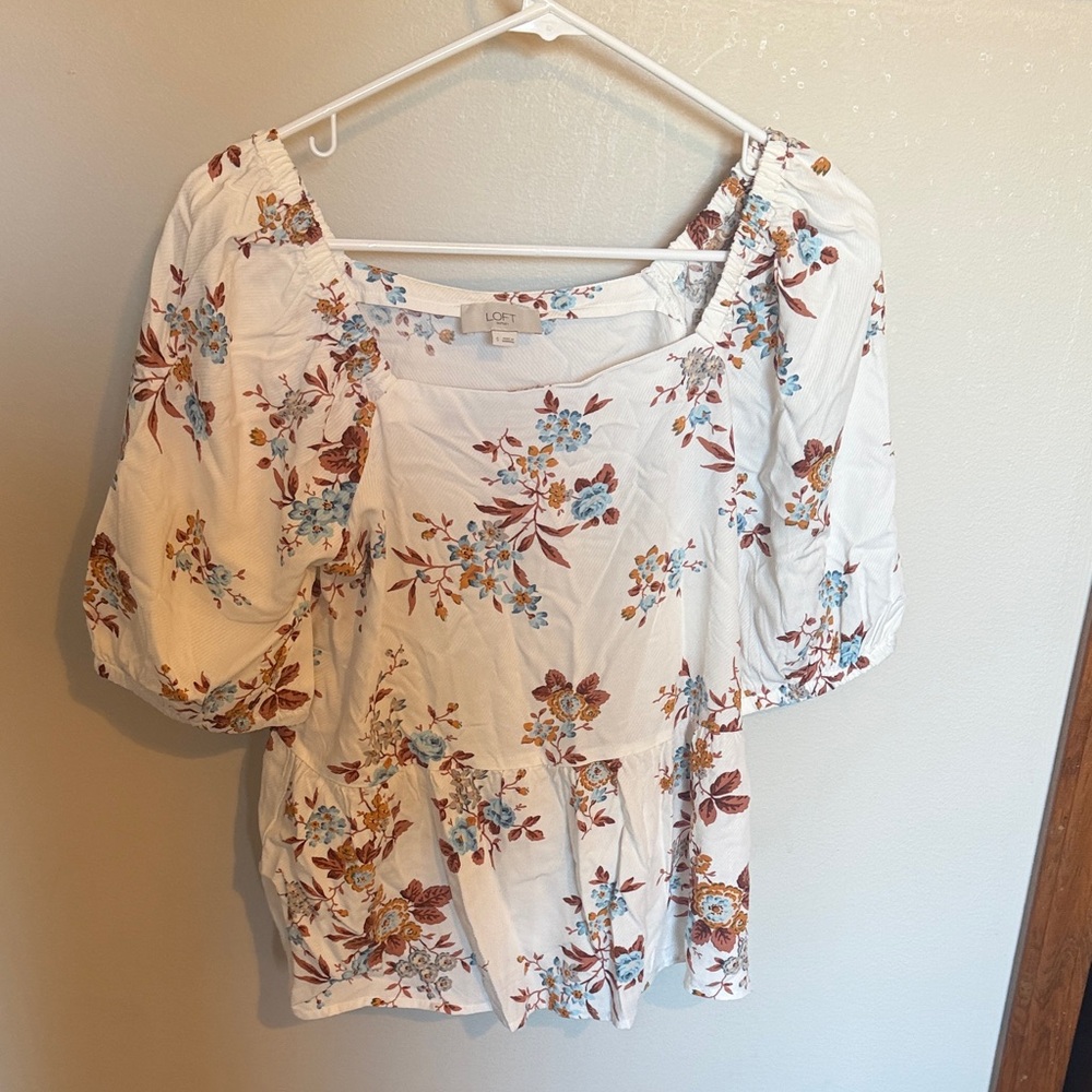 LOFT Cream Floral Blouse with Puff Sleeves